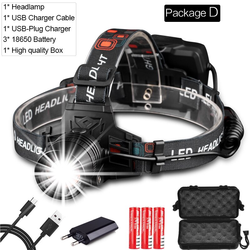 Super Krachtige Koplamp USB Oplaadbare Koplamp XHP70 XHP50 LED Head Light Zoomable Head Lamp Waterdicht Hoofd Front Light: Package D