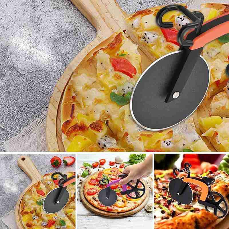 Non-stick Bicycle Pizza Cutter Wheel Stainless Steel Plastic Bicycle Roller Pizza Cutter Slicer Dual Cutting Wheels Kitchen Tool