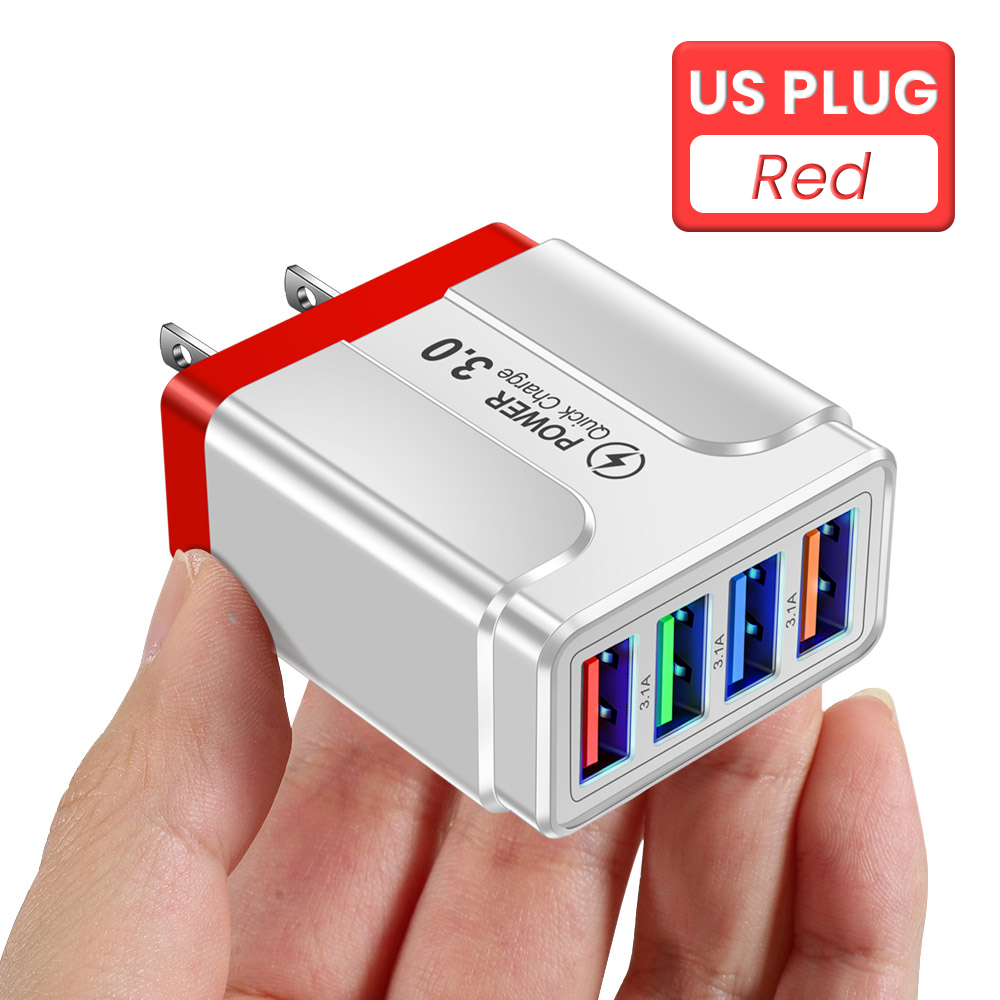 4 Poorten Usb Charger 3.1A Quick Charge Travel Charger Eu/Us/Uk Plug Snel Opladen Lader Voor iphone 13 12 Pro Xiaomi Redmi: RED US PLUG