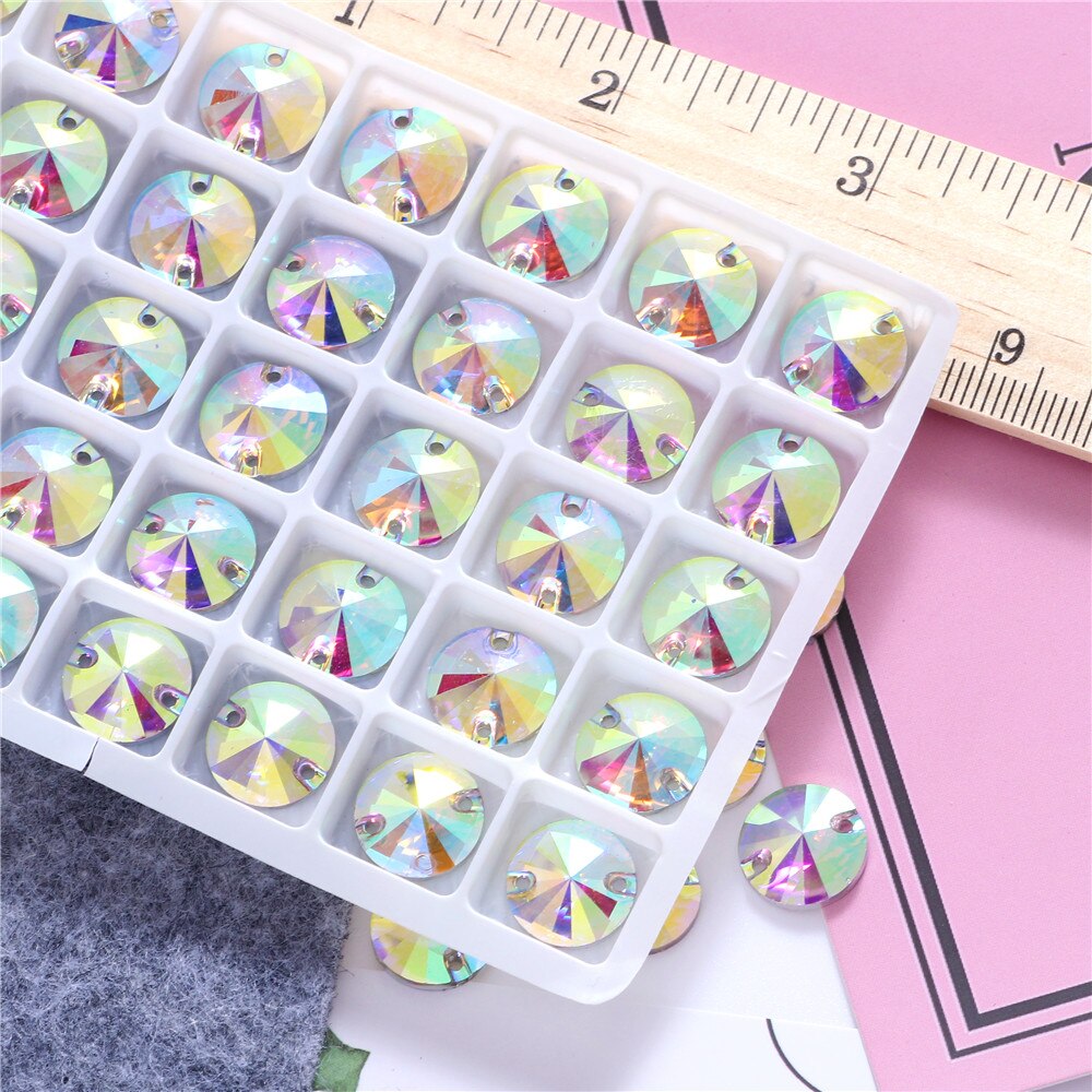 Diamantes de imitación redondos de resina para coser, cristales AB plateados con reverso plano, piedras Strass para ropa, accesorios para zapatos, 7 tamaños