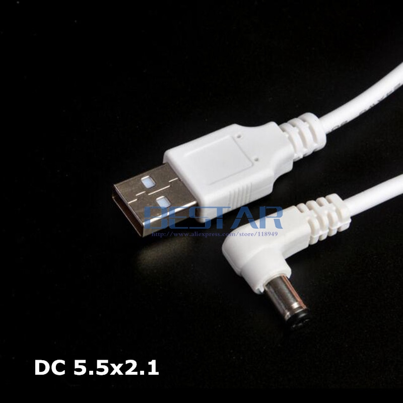 Wit DC Elleboog Power kabel Plug USB Naar DC 5.5*2.1 5.5*2.1mm 5.5mm x 2.1mm 5.5x2.1mm Jack Haakse L vorm oplaadkabel 1 M