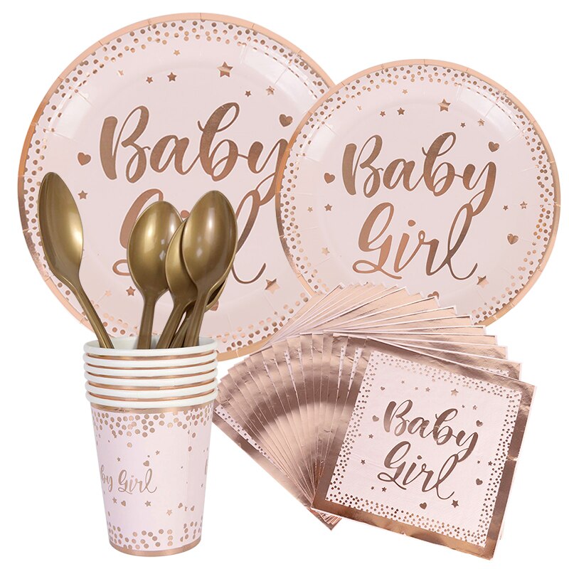 Rose Gold Wegwerp Servies Set Papieren Borden Cups Baby Meisje Verjaardag Bruiloft Bachelorette Party Decora Baby Shower Servies