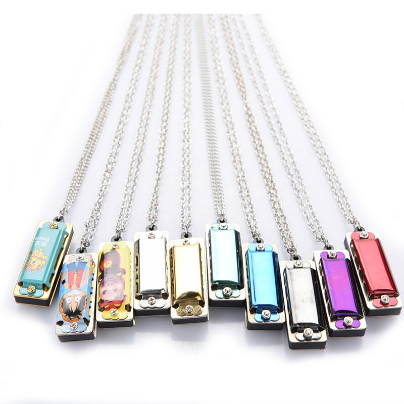 Mini 4 Hole 8 Tone Harmonica Metalen Ketting Keten Speelgoed Kleur Willekeurige