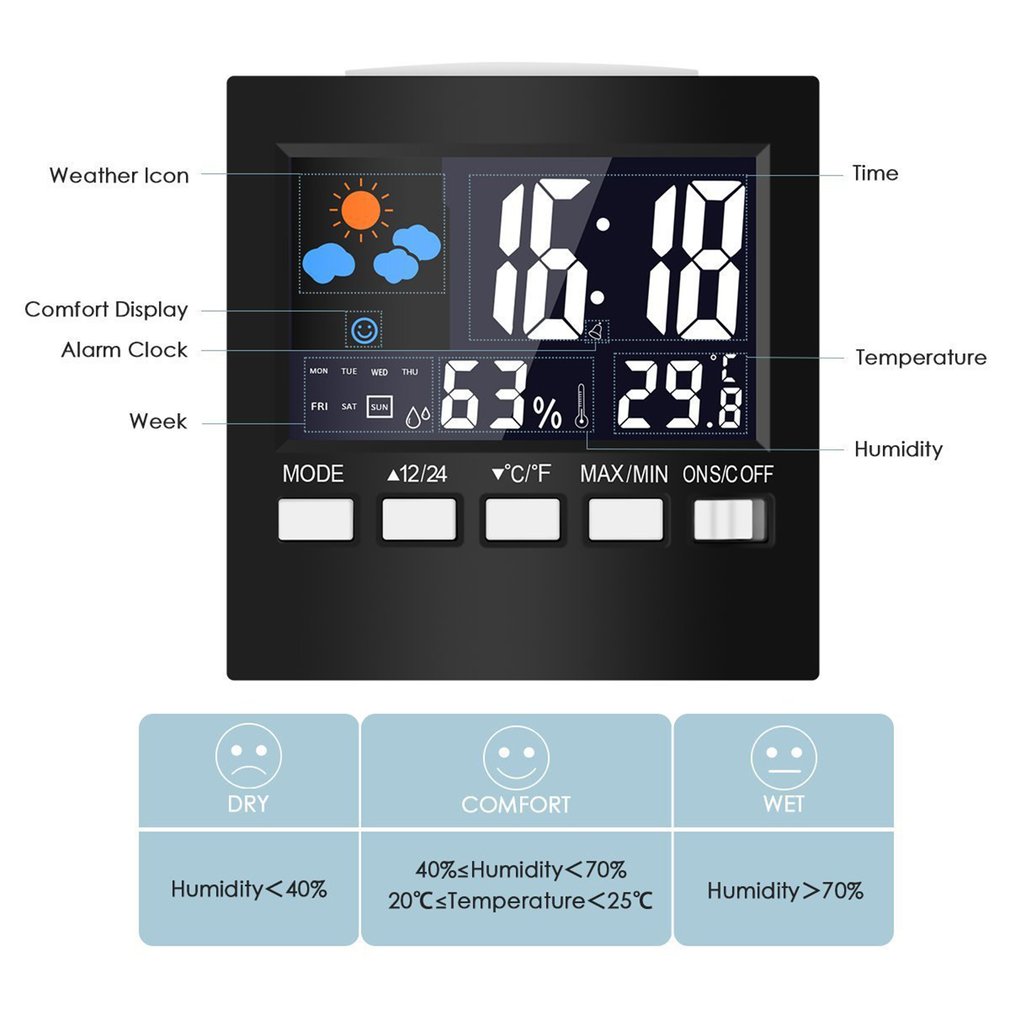 Weer Klok Kleur Screen Digitale Display Thermometer Vochtigheid Klok Kleurrijke Alarm Kalender Weer Elektronische Wekker