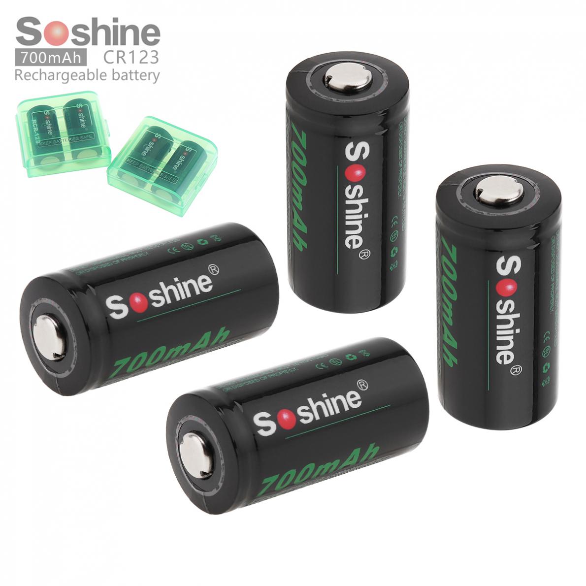 Soshine 4Pcs Rcr 123 16340 700Mah Li-Ion Oplaadbare Batterij Met 2 Stuks Batterij Opbergdoos Voor Zaklampen Koplampen