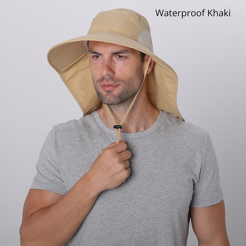 Camolad herre spand hatte med nakke flap sommer sol hat til kvinder lang bred randen fiskeri hætter udendørs uv beskyttelse vandreture hat: Vandtæt khaki