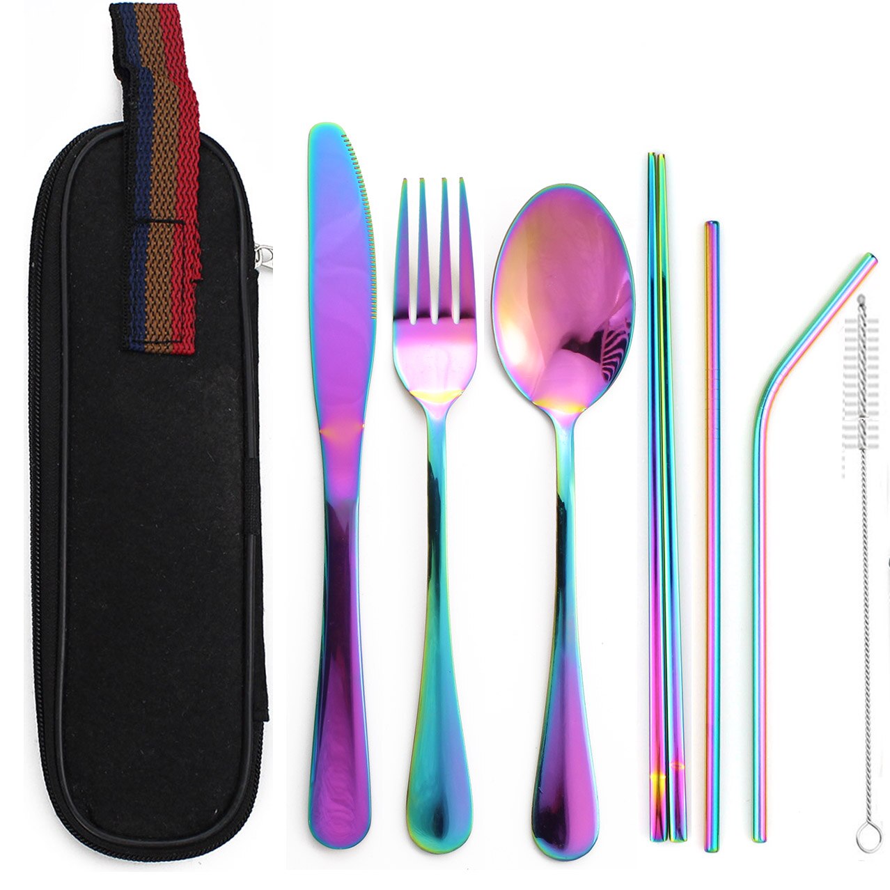 Couverts arc-en-ciel colorés 8 pièces/ensemble | Service de vaisselle Portable, vaisselle réutilisable avec paille en métal, cuillère fourchette, étui à baguettes: Rainbow3