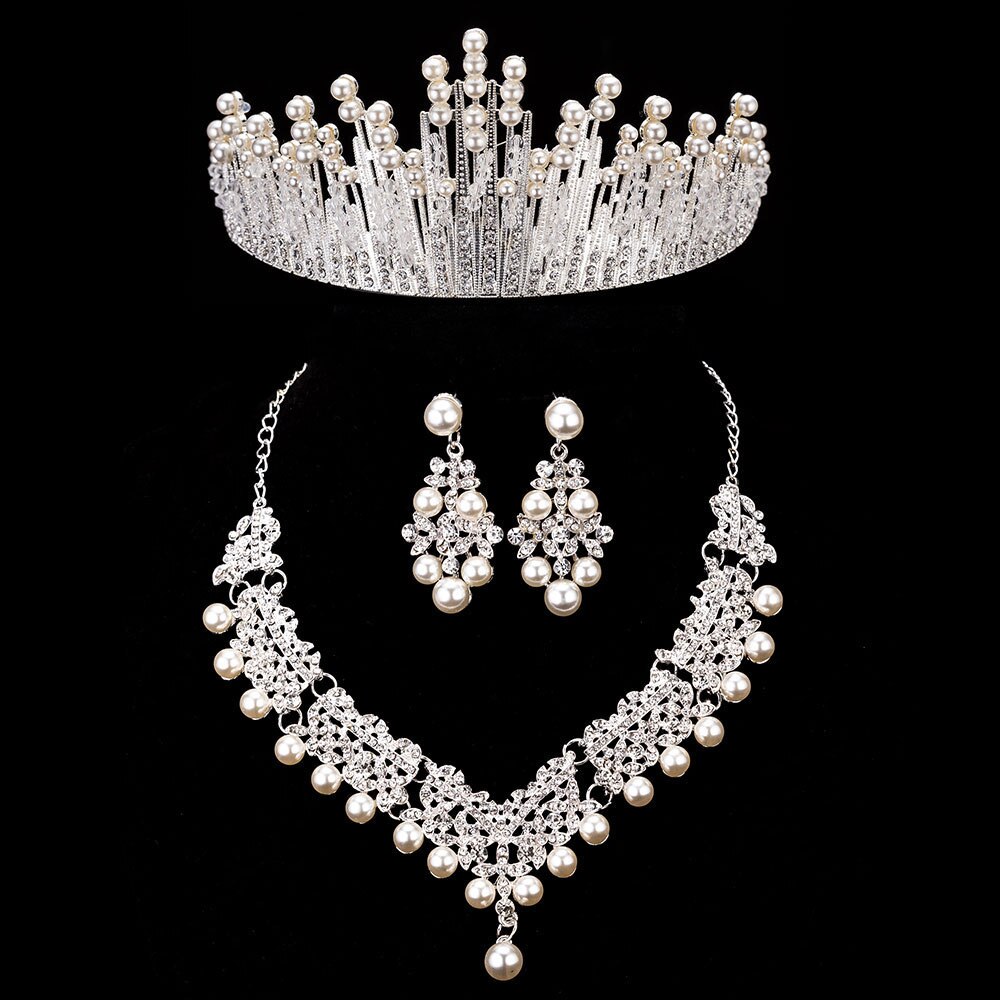 Ensemble de bijoux de fantaisie en cristal pour mariée, perles, collier ras du cou, boucles d'oreilles diadème, ensemble de bijoux de mariée pour femmes,: 3PCS Set Pearl 3