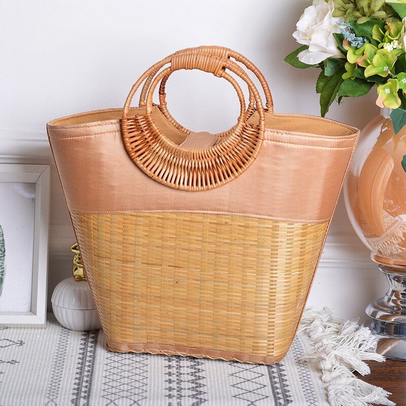 Grote Capaciteit Bamboe Geweven Handtas Mode Grote Winkelmandje Tas Vrouwen Handgemaakte Rotan Zak Cirkel Handvat Retro Strandtas