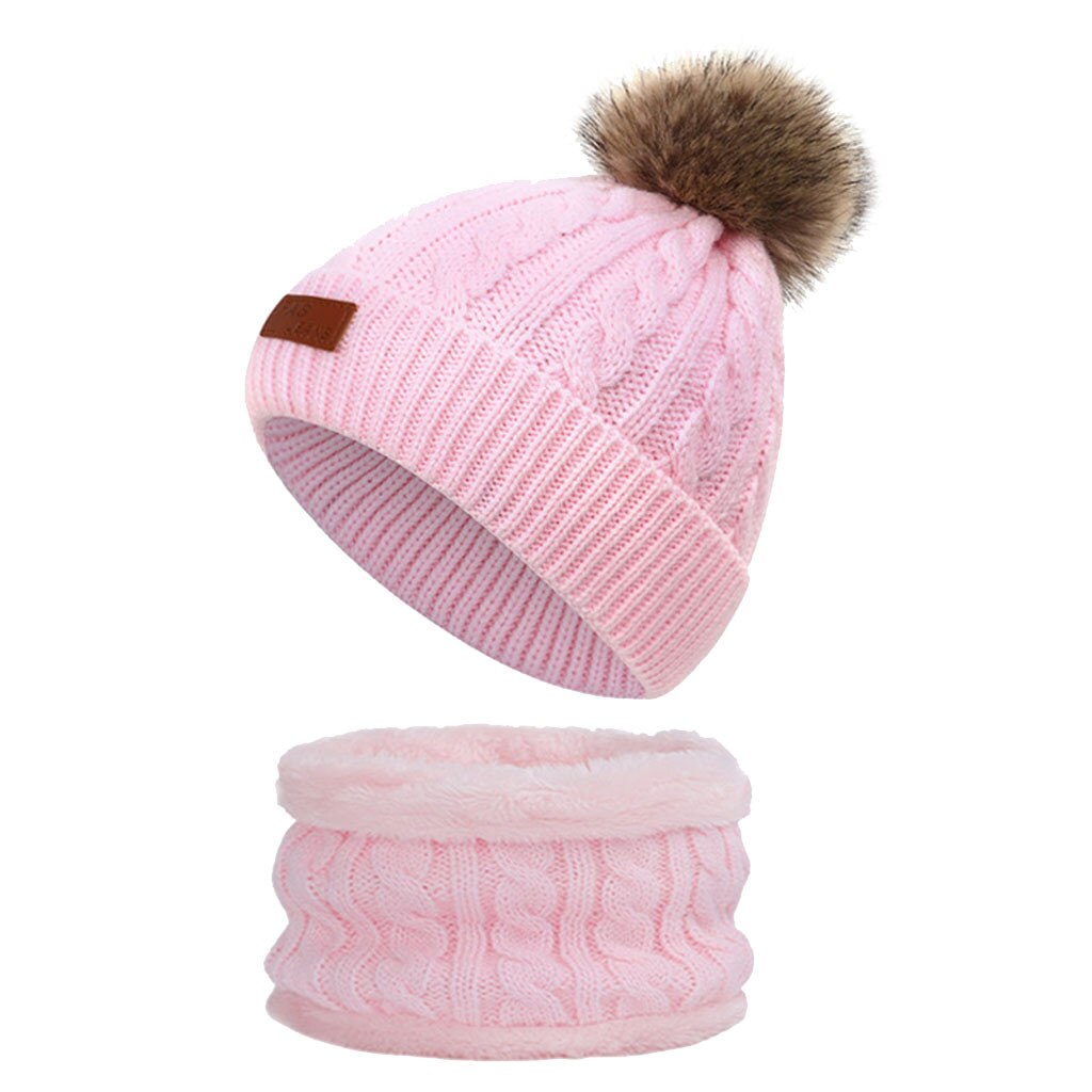 Baby Caps Pompom Hat Crochet Boy Winter Hat Toddler Girl Cap children Winter Warm Beanie Cap with Circle Loop Scarf Set#G30: Pink