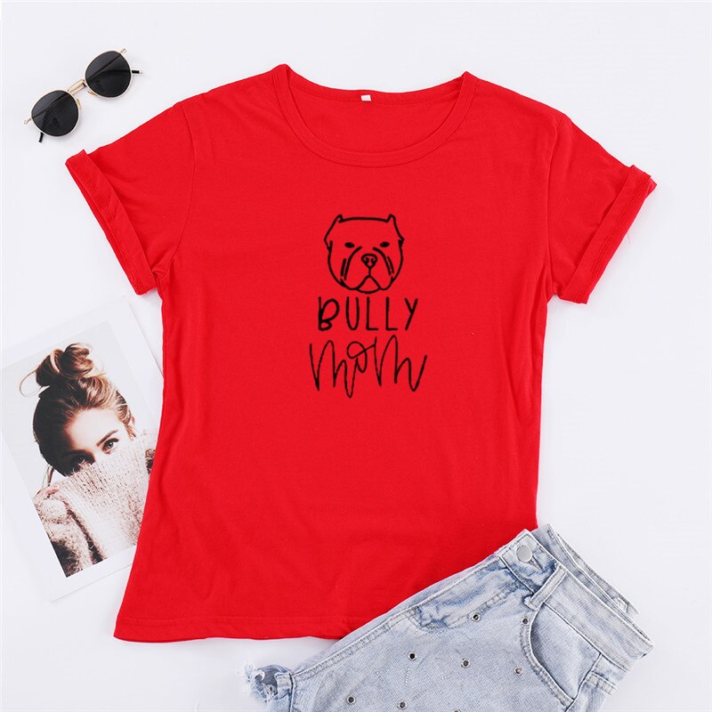 Camiseta de manga corta con cuello redondo para mujer, camisa UNISEX con estampado de Bully dog mom, 100% algodón, Harajuku,: M / Rojo