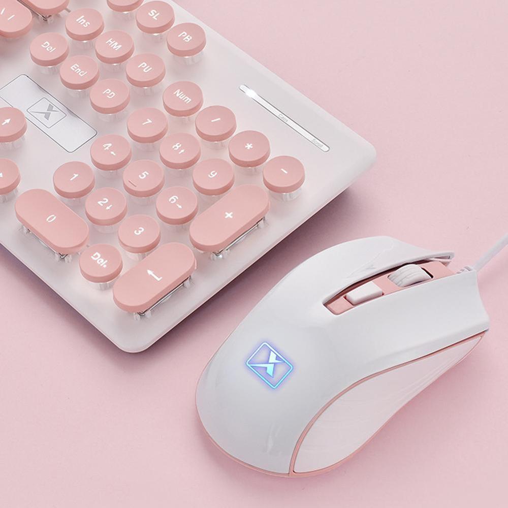 Pink Retro Wired Gaming Keyboard and Mouse Kit Round Laptop For PC Button Keyboard Mouse Steampunk Keycap 1800DPI Multimedi E0E8