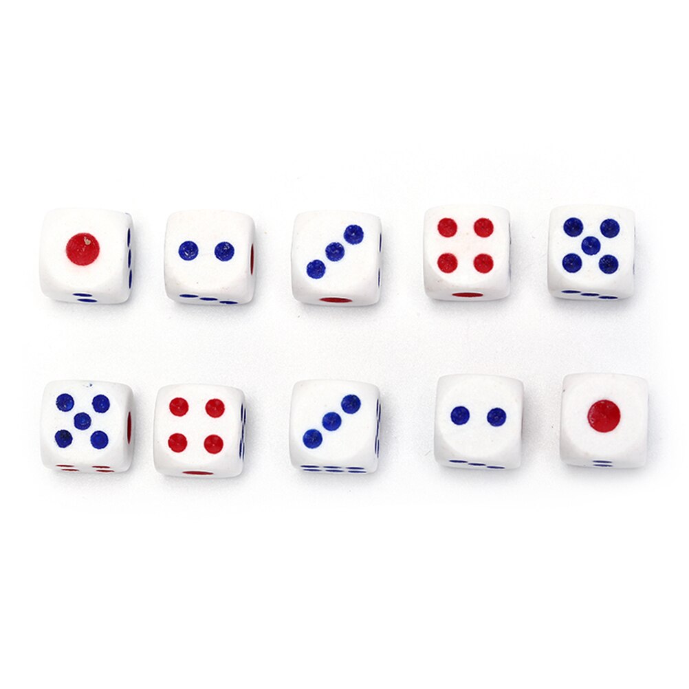 100pcs 10mm Gambling Game Dice White with blue and red dotd Six Sided Spot Dices Poker Chips for ktv pub party