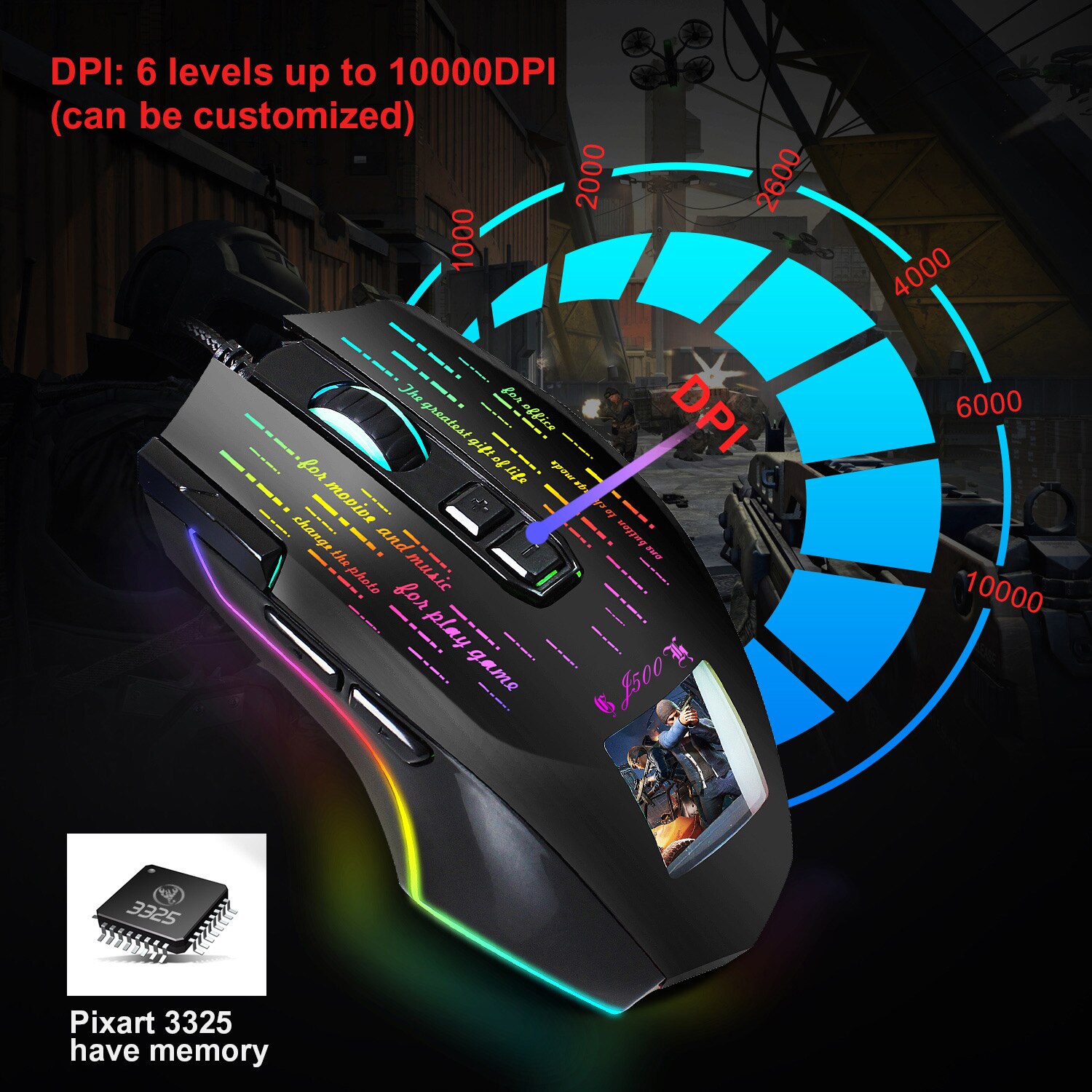 J500 Gaming Mouse USB 10000 DPI PMW3325 USB RGB Wired Mouse Gamer 9 Buttons Programmable Mice For Computer PC Can Photo Setting