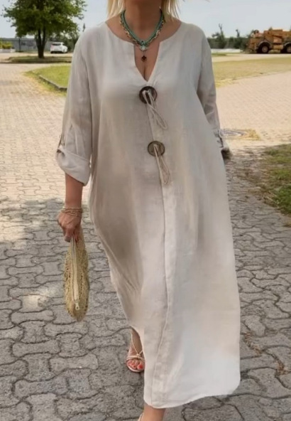 Efterår ensfarvede maxikjoler til kvinder afslappet løs langærmet v-hals knap streetwear ferie basiskjole vesti elegant: L / Lys lilla
