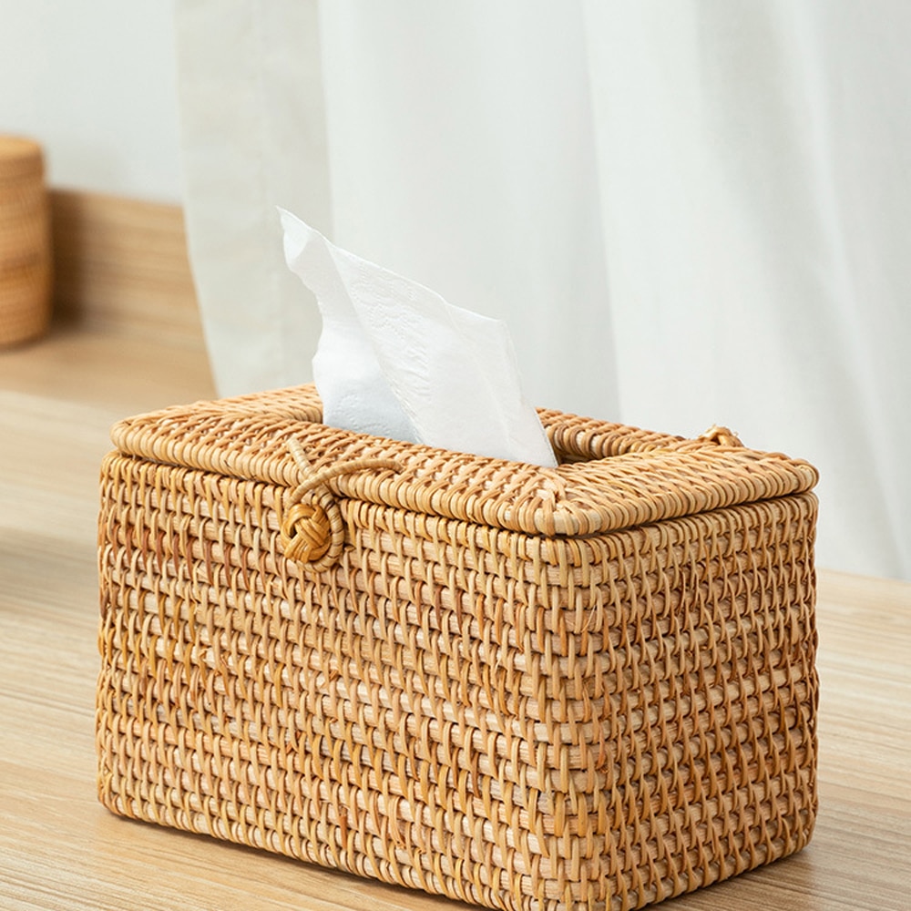 Handmade Rattan Tissue Box Home Drawer Box Vine Roll Holder Toilet Paper Cover Dispenser Desk Storage Box Tissue Case Organizer
