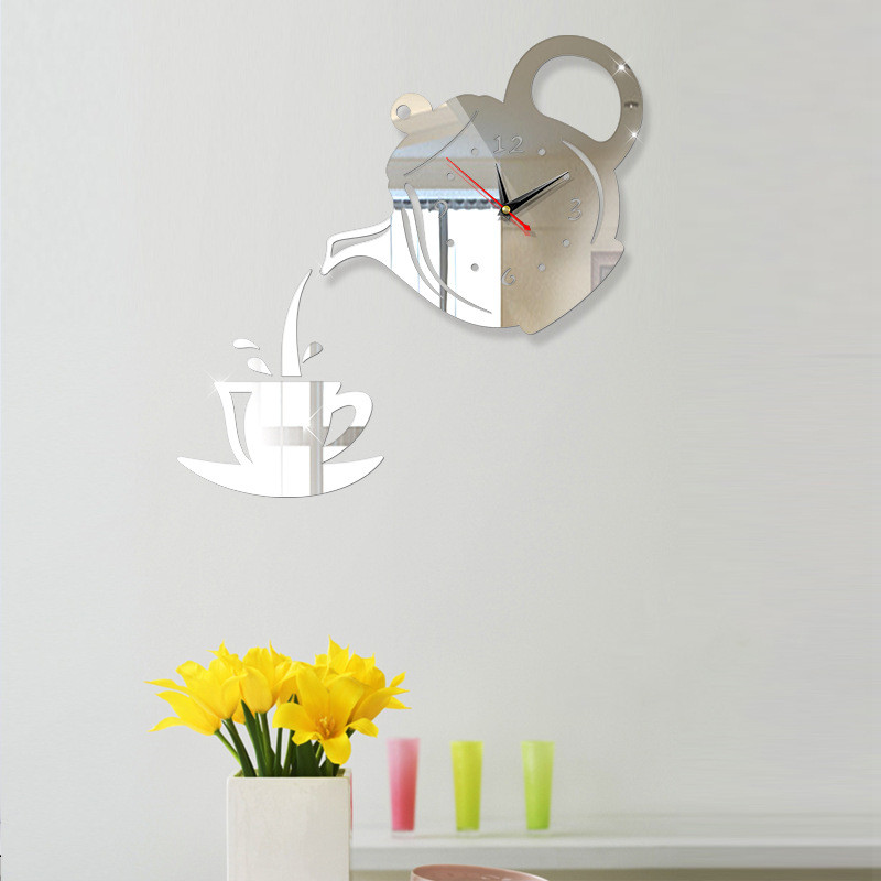 3D Diy Theepot Vorm Wandklok Acryl Spiegel Klok Moderne Keuken Home Decor Muursticker Holle Digitale Klok