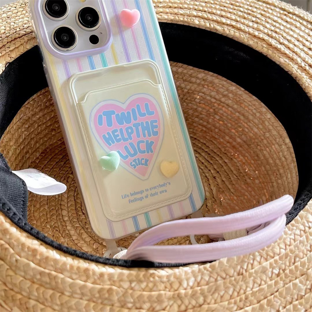 Coréen coloré 3D amour coeur carte sac lanière coque de téléphone pour iPhone 15 14 13 12 Pro Max 11 mignon Anti-chute portefeuille couverture Fundas