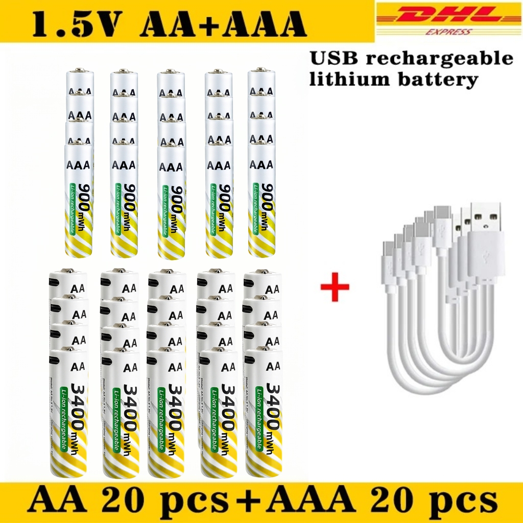 1.5V AA 3400mWh + AAA 900mWh Rechargeable Lithium Battery Set with USB-C Fast Charging Type C Cable air transport