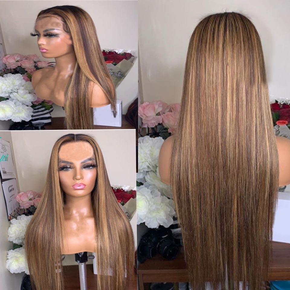 Highlights Color Synthetic Hair Wigs Ombre Long Straight Dark Brown Color Wig 24 Inch Heat Resistant Fiber With Natural Skin