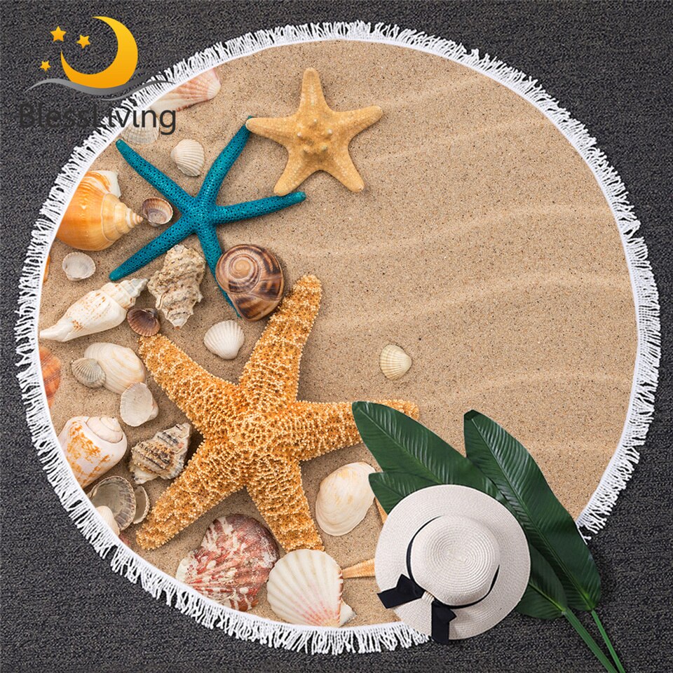 BlessLiving Spiaggia Conchiglia Estate Coperta 3D Stampa Asciugamano In Microfibra Realistico Rotonda Telo mare di Sabbia Starfish Asciugamani Da Bagno