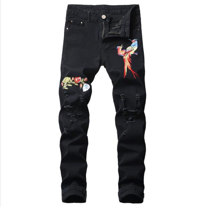 Mannen Gescheurde Jeans Borduren Broek Jean Homme Voor Mannen Slanke Denim Broek Mannelijke Zwarte Blauw Straight Casual jeans: S1899Black / 40