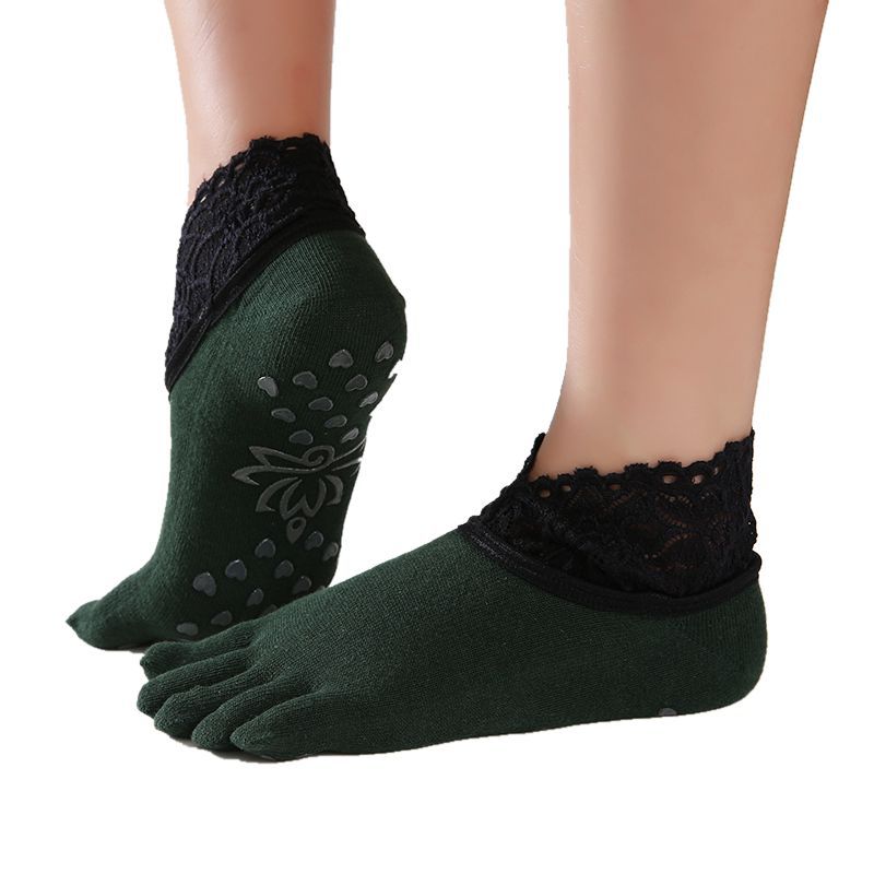 1 pair Women Yoga Five Toe Anti-Slip Ankle Grip Socks Dots Pilates Fitness Gym Socks Ladies Sports Socks With Lace: B Green