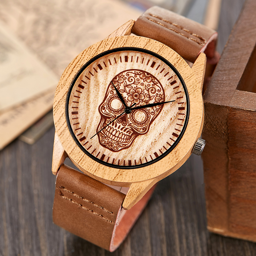 Imitatie houten horloge mannen vrouwen imitatie houten polshorloge zachte leren band mannen kwarts paar pols klok schedel bidsprinkhaan paard uur: Schedel mannen