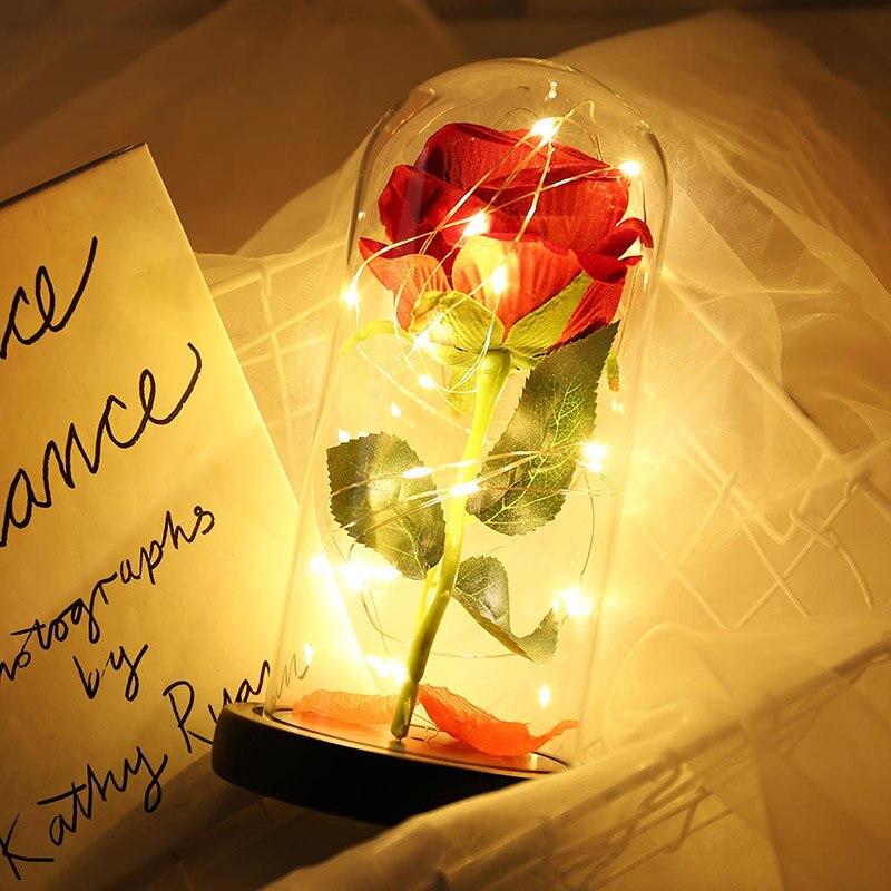 Artificial Eternal Rose LED Light Beauty The Beast Rose Flower In Glass Dome Wooden Base For Decorate Valentine's Day