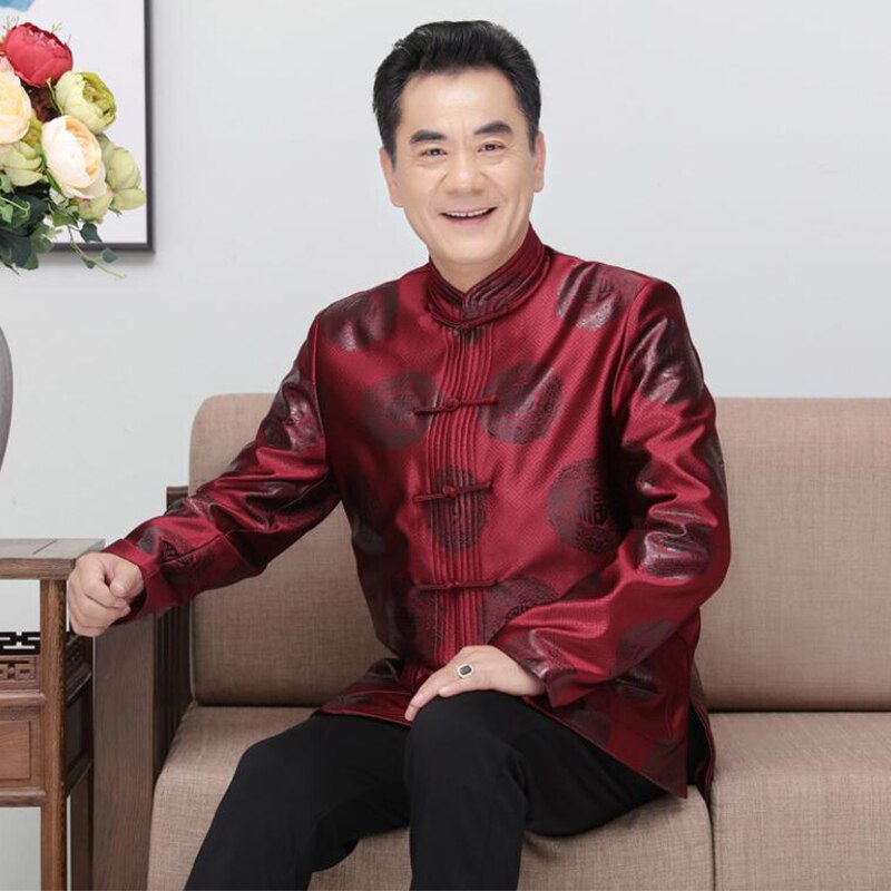 Trajes tradicionales chinos para hombre primavera otoño Tang Suit boda Tops camisa de satén rojo hombres otoño Cheongsam Tops