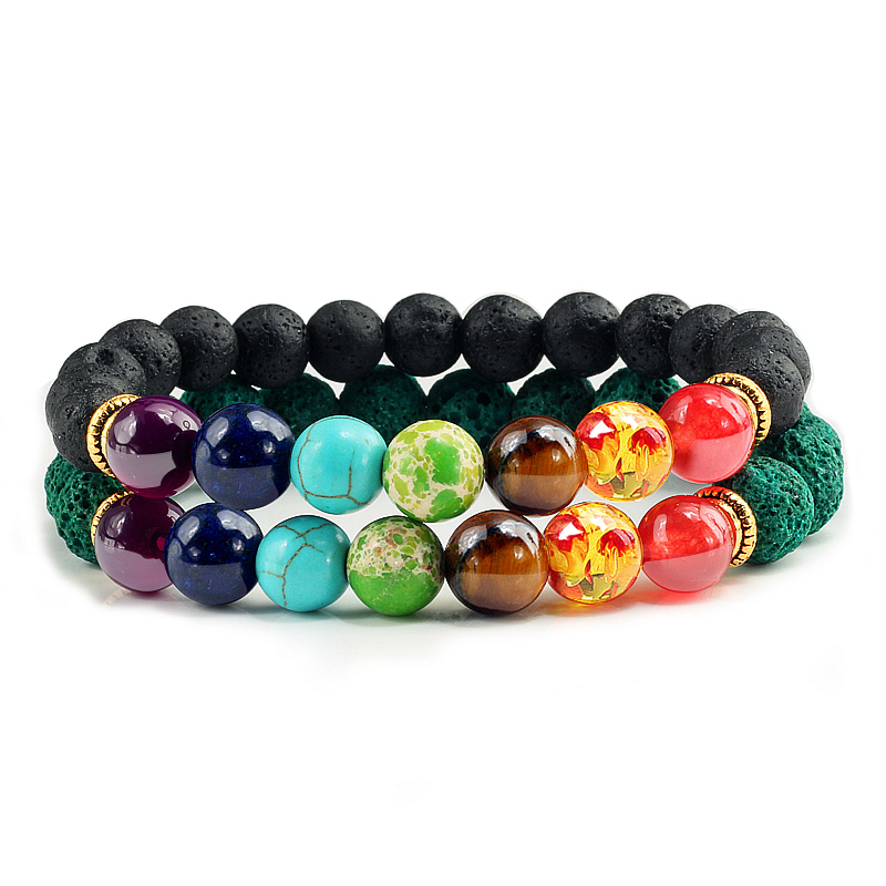 2 Stks/set 7 Chakra Lava Tijger Ogen Kralen Armbanden Healing Balans Boeddha Kleurrijke Natuursteen Mannen Armband Sieraden voor Vrouwen