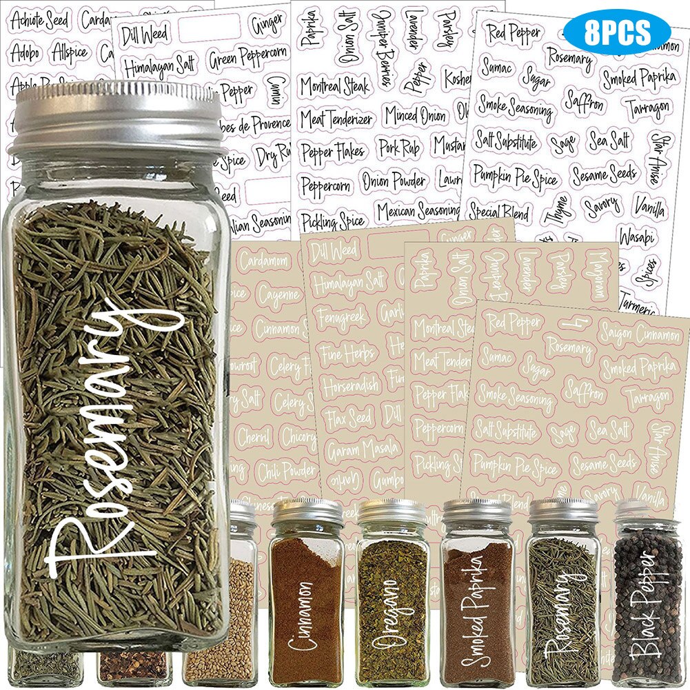 Conjunto de etiquetas para especias, etiquetas preimpresas en blanco y negro para tarros de especias, duraderas, P7Ding, 8 Uds.: Default Title