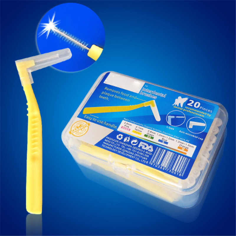20 Pcs Interdental Brush 0.6mm-1.5mm L-shaped Push-tooth Inter-brush Soft Floss Toothbrush Orthodontic Brush Oral Care Tool