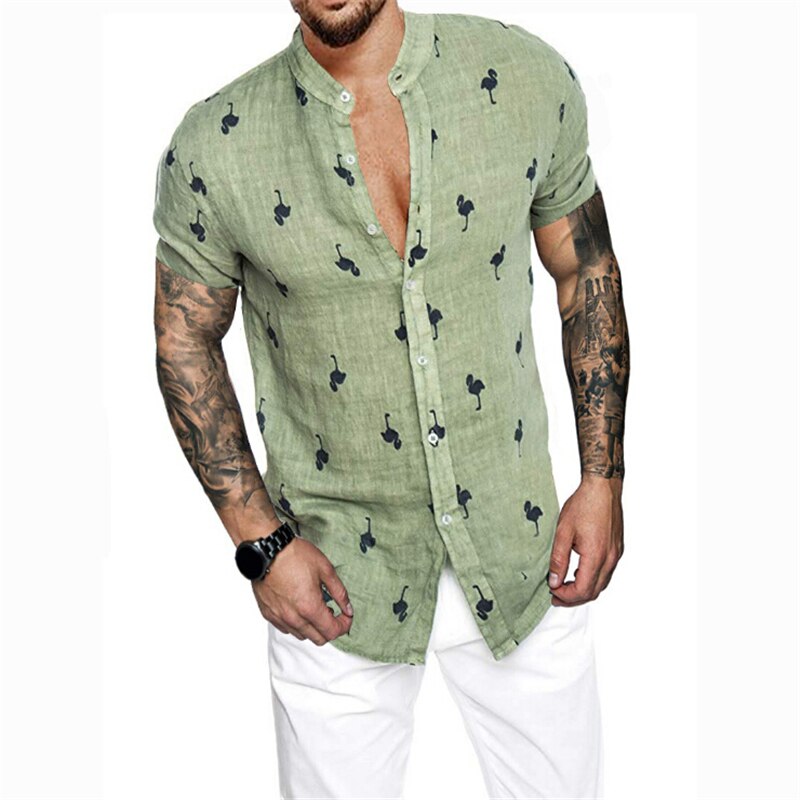 Sommer skjorter med korte ærmer til mænd med tryk overdele herre slim fit knap foran skjorter fugle mønstertryk bluse afslappet skjorter toppe