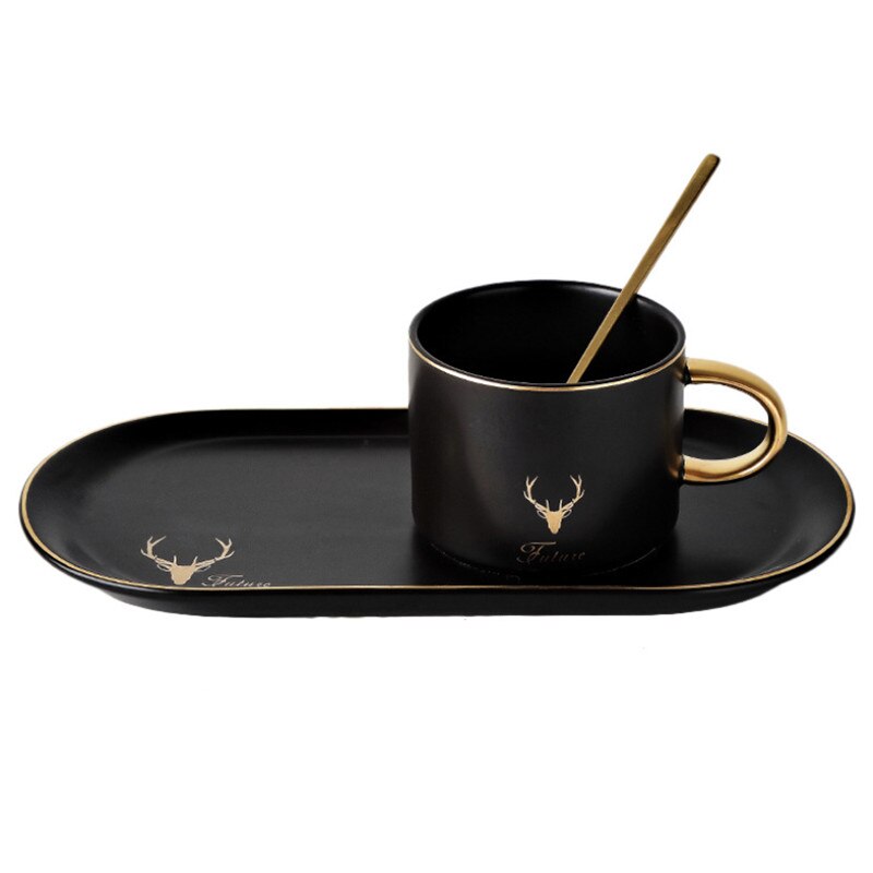 European Phnom Penh Ceramic Coffee Cup with Saucer and Spoon Sets Tea Cup Milk Breakfast Mugs Dessert Plate Cake Tray Drinkware: Black