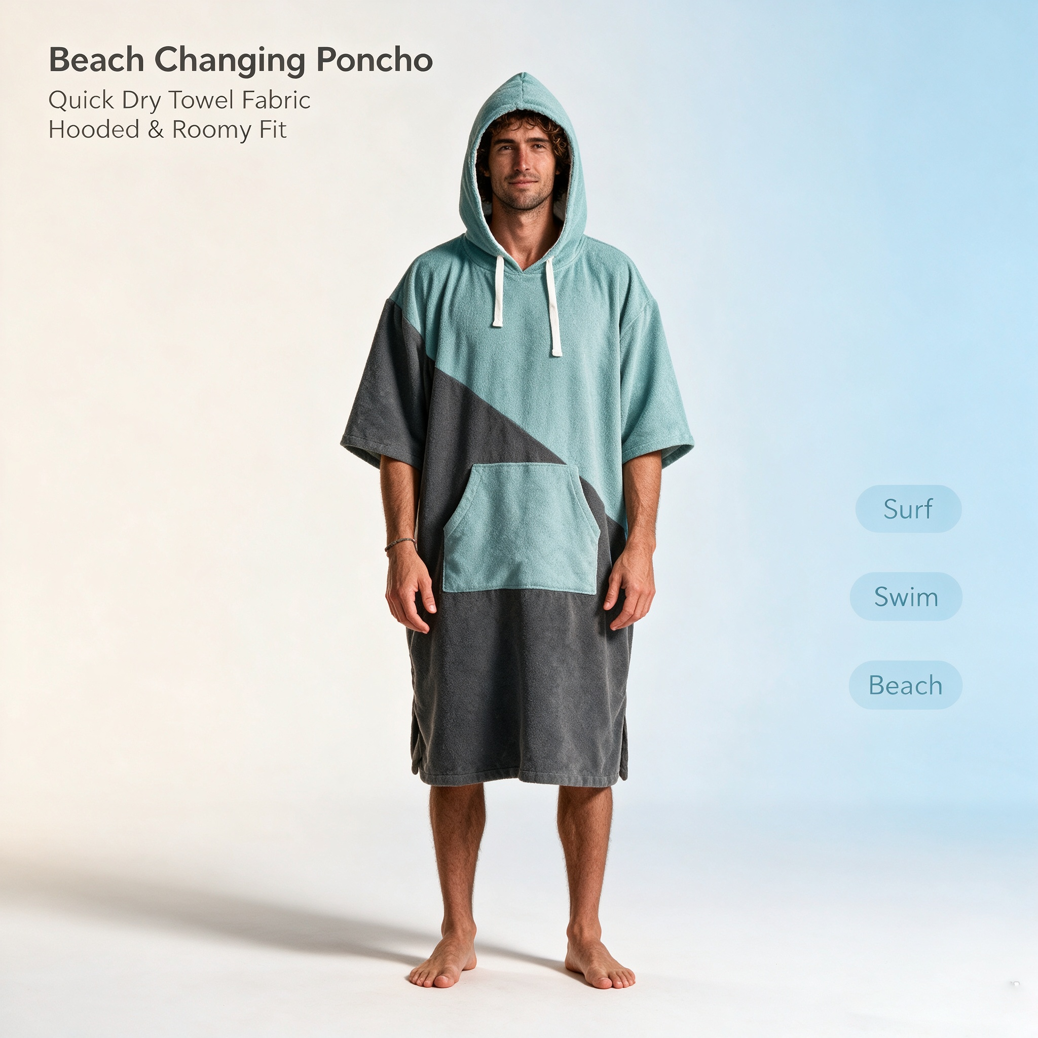 Surfponcho met capuchon, handdoekjas, sneldrogend, omkleedjas, zwemmen, surfen, duiken, draagbare badhanddoek, reizen, fitness, strand