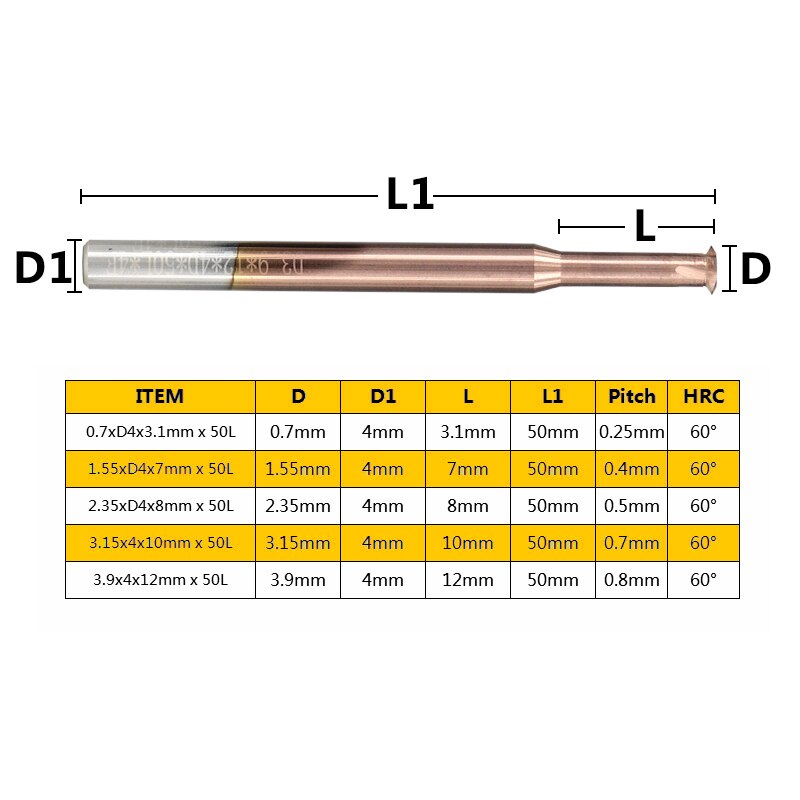 1pc Single Thread Milling Cutter P0.25-0.8 TiCN Coated CNC Router Bit 4mm Shank Thread Mill Carbide End Mill