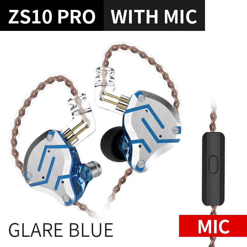 KZ ZS10 Pro Blue Noise Cancelling Earphones Metal Headset 4BA+1DD Hybrid 10 drivers HIFI Bass Earbuds In Ear Monitor Headphones: ZS10ProGlareBlueMic