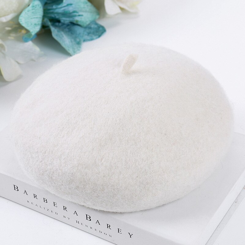 Cheap Women Winter Wool Beret French Hat Female Solid Color Bonnet Beret Hat Girls Thick Warm Walking Hat 15 Color: Milk white