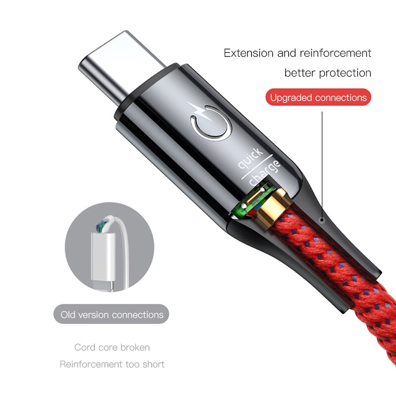 Baseus usb-kabel type c 3a snellaadkabel smart breath-verlichting voor samsung type-c-datakabel