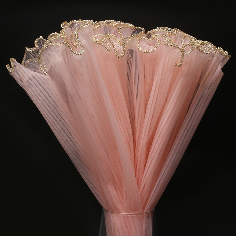 25cm*5yard Spray Yarn Flower Packaging Wave Gauze Lace Gauze Flower Shop Bouquet Floral Flower Packaging Material Net: Pink-Gold