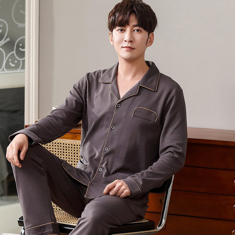 Pijama 100% de algodón para hombre, ropa de dormir de manga larga delgada y pantalones, traje informal para el hogar, camisón de talla grande L-3XL, Otoño e Invierno