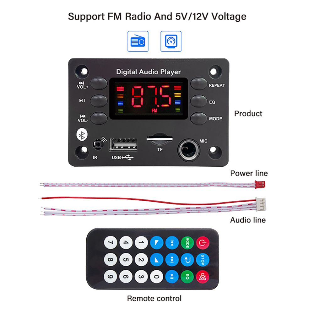 DC 5V 12V odtwarzacz MP3 Bluetooth 5.0 płyta dekodera Radio FM bezstratne odtwarzacz Audio DIY zestaw obsługuje USB zdalny mikrofon TF AUX
