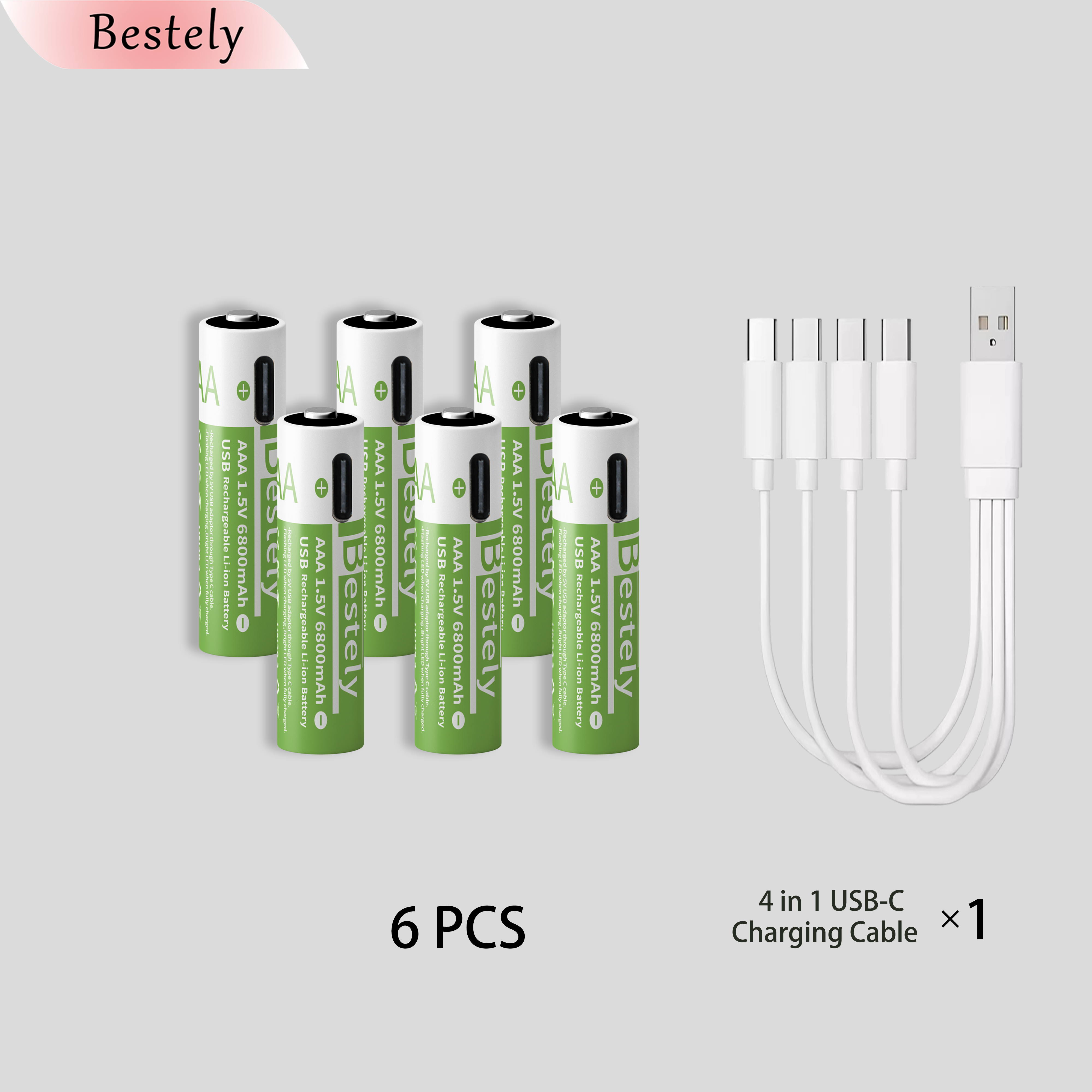 AAA 6800 mAh 1,5 V Lithium-Ionen-Batterien, wiederaufladbarer AAA-Lithium-Ionen-Akku mit hoher Kapazität, langlebig, mit USB-C-Schnellladekabel: Rosa