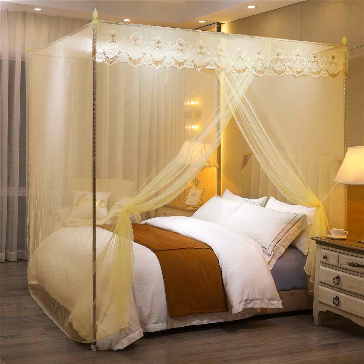 Mosquito Net Single Side Openings Four Corner Bed Post Bed Canopy Mosquito Net Luxury Princess Style Full Queen King Size: Yellow
