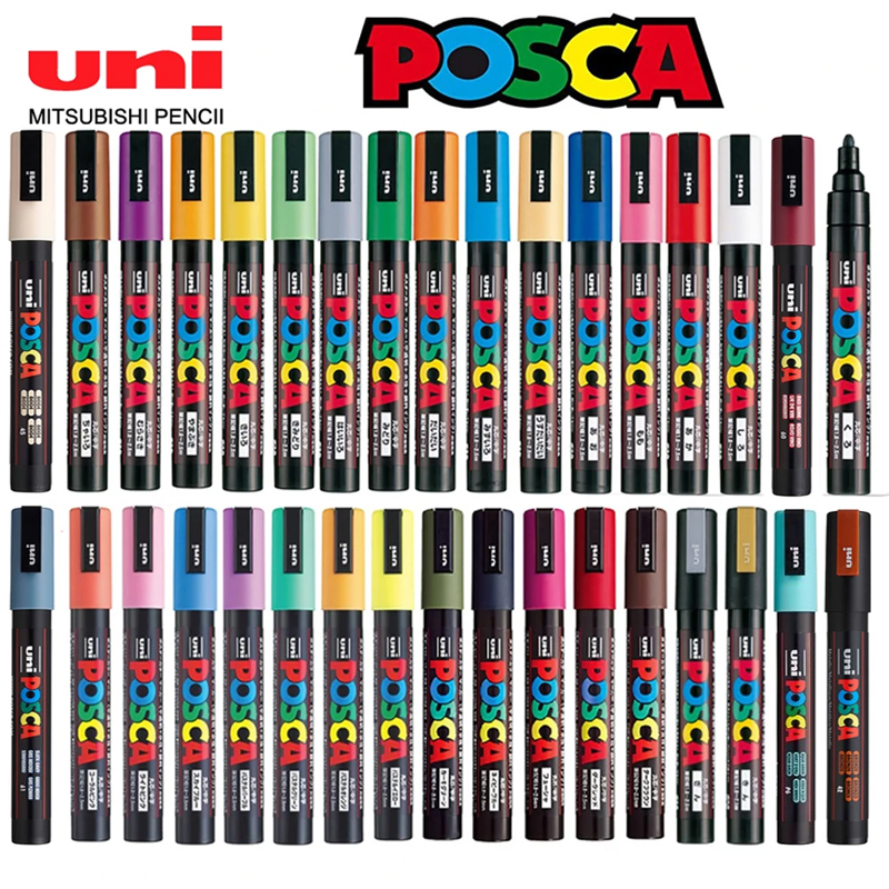Uni Posca – ensemble complet de marqueurs de peinture acrylique, stylos PC-1M PC-3M PC-5M 7/8/12/15/24/29C pour peinture sur roche, Frabric, verre/métal, Graffiti