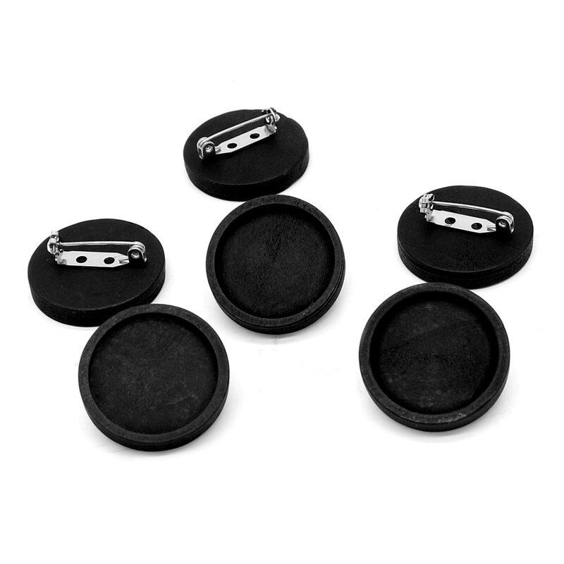 10 stuks lege zwarte hout cabochon broche base fit 25mm ronde bezel tray broches rvs pin backs voor diy sieraden maken