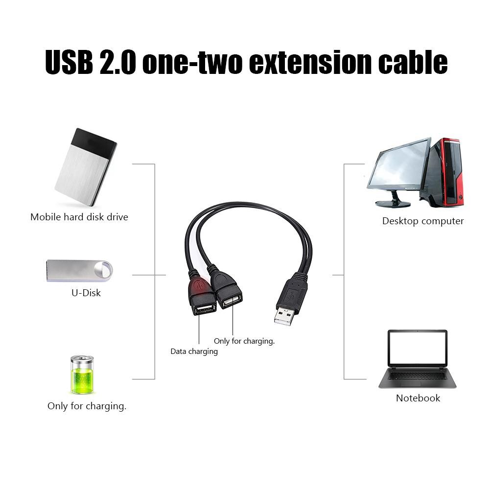 30Cm USB2.0 Male Naar Dual Usb Vrouwelijke Usb Opladen Power Kabel Verlengsnoer