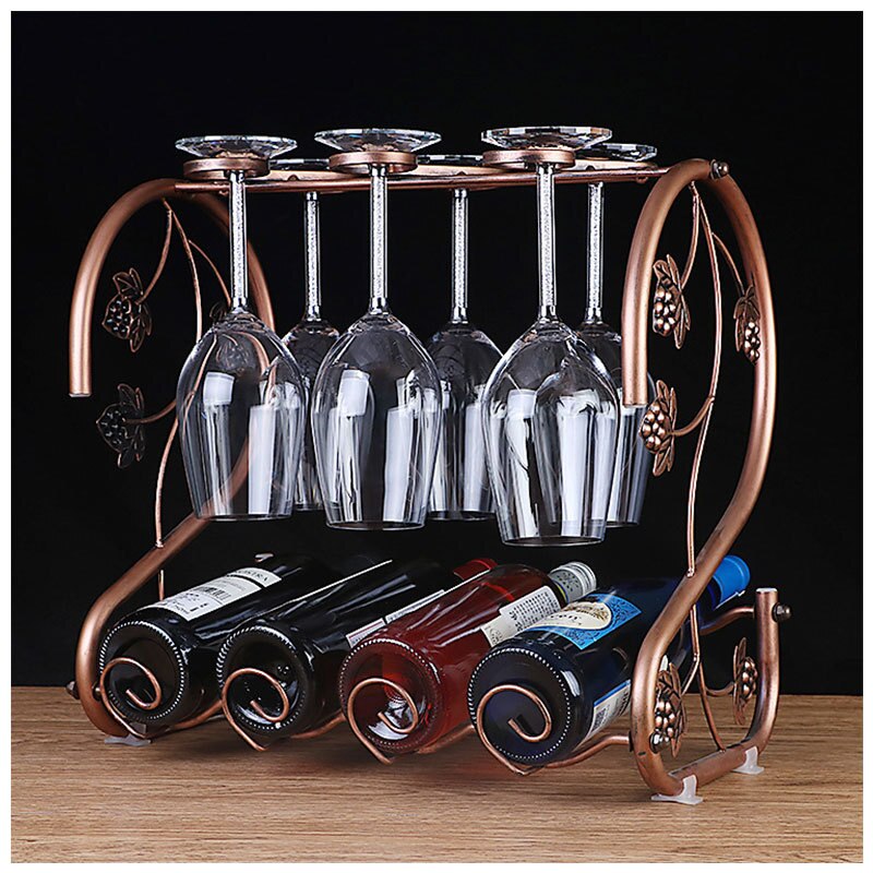 Wine Rack Stand Drinking Glasses Hanging Bronze Iron Multi-Function Stemware Shelf Bottle & Glass Cup Holder Display