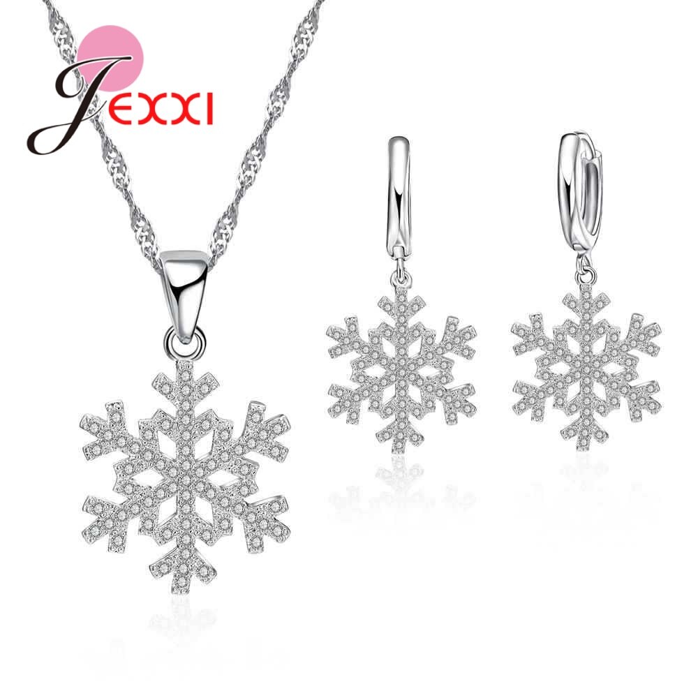 Echt 925 Sterling Zilveren Sieraden Sets Voor Vrouwen Sneeuwvlok Hanger Ketting Oorbellen Aaa Zircon Stone Wedding Party